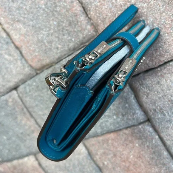 Michael Kors Large Double Zip Leather Wallet Wristlet Phone Case Lagoon - Picture 4 of 16